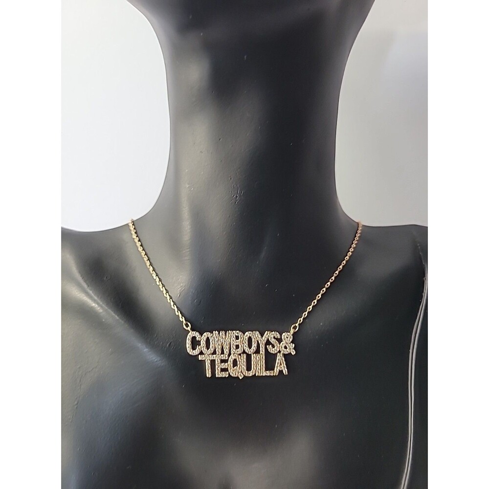 Vintage Gold Tone Cowboys and Tequila Statement‎ Necklace Western Country Bar